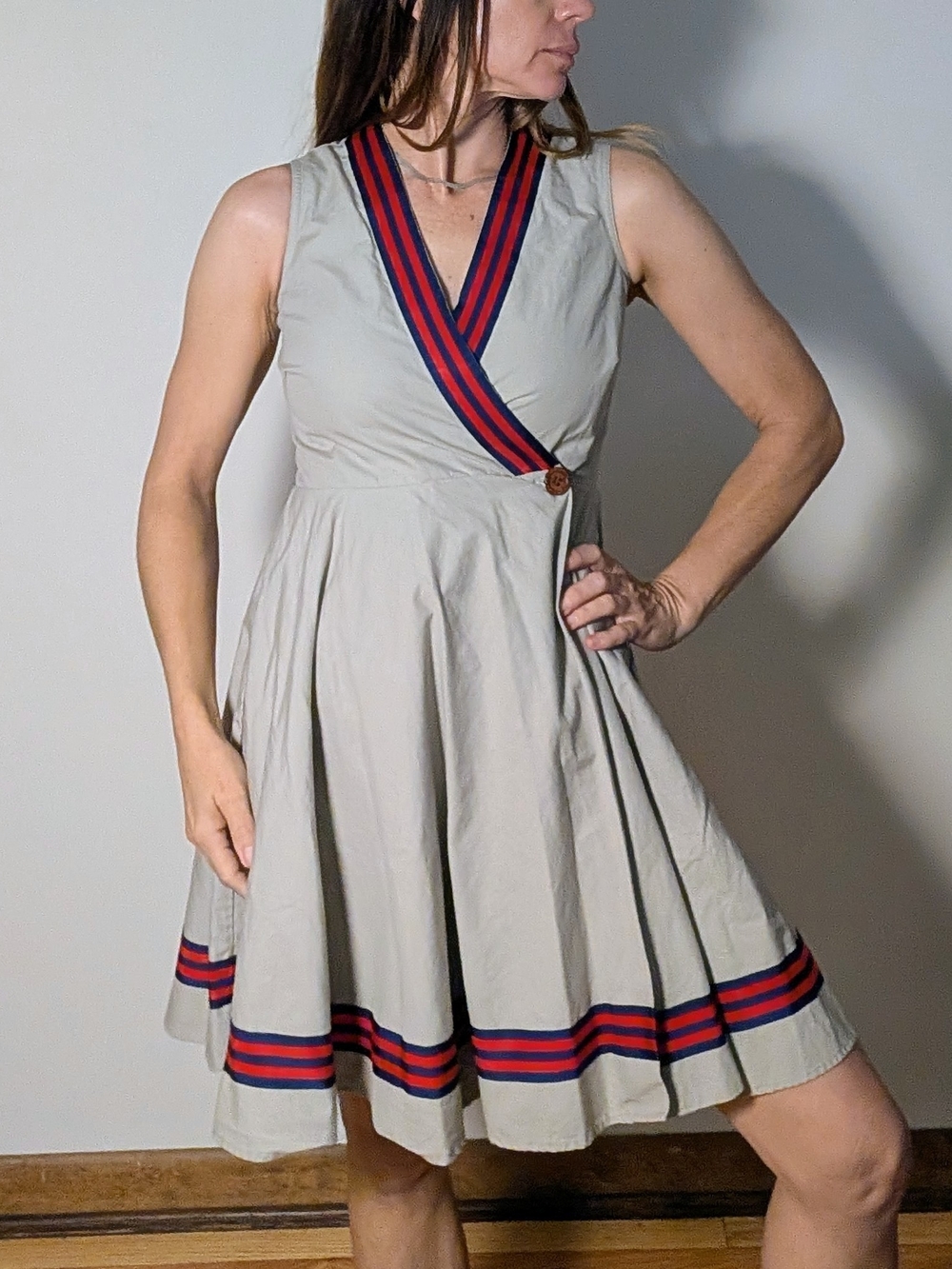 Vintage 90's Steven Alan Wrap Dress XS/P Gray Red Navy Striped Fit & Flare